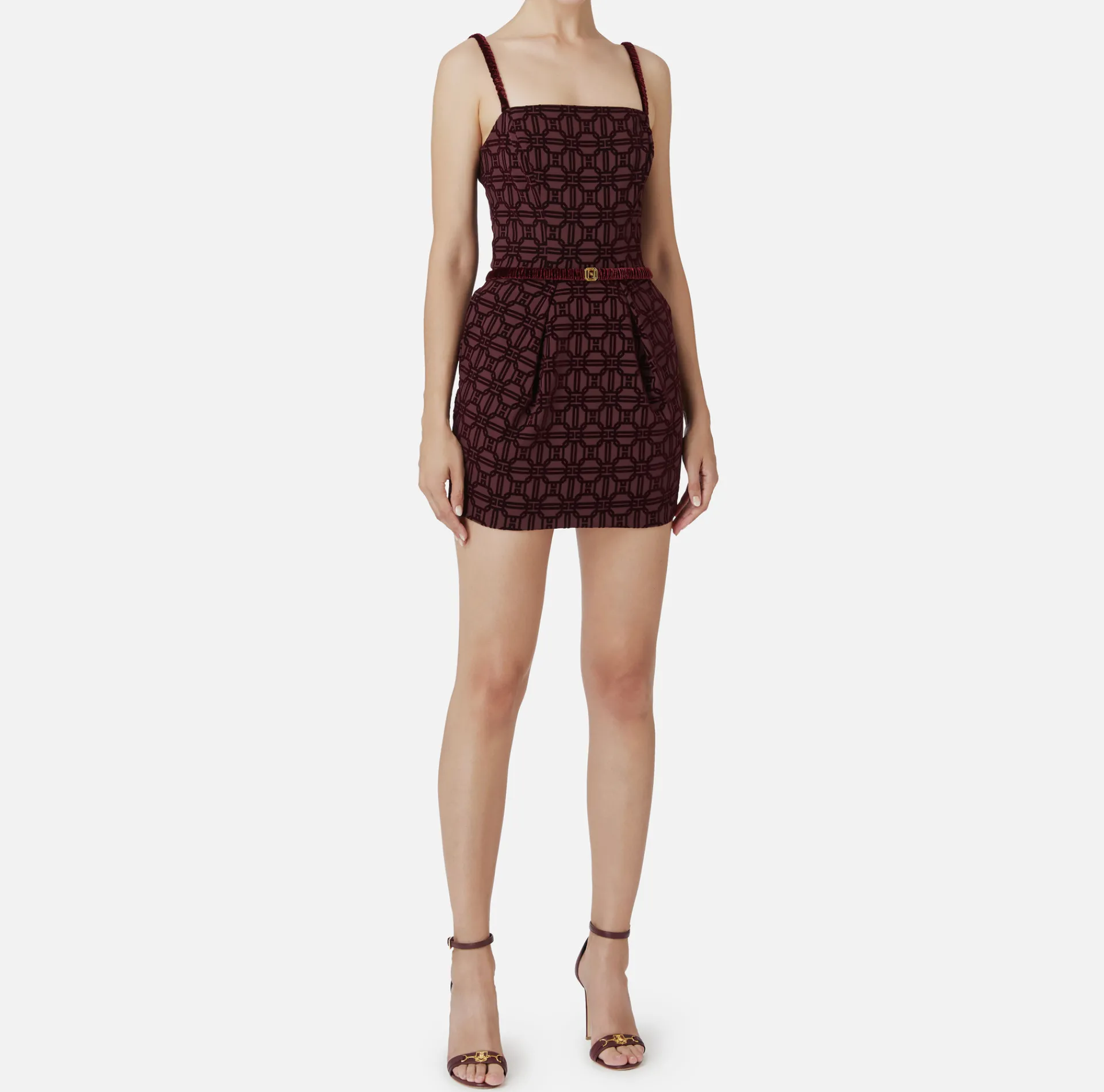 Elisabetta Franchi Mini Dresses|Dresses|Mini-dress in flock crêpe fabric with belt RougeNoir