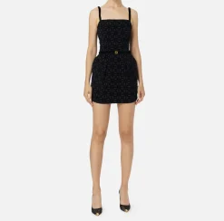 Elisabetta Franchi Mini Dresses|Dresses|Mini-dress in flock crêpe fabric with belt Black