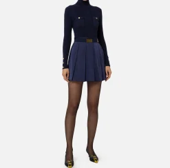 Elisabetta Franchi Mini Dresses|Knitted Dresses|Mini-dress in narrow-ribbed viscose and silk fabric with logo embroidery Navy