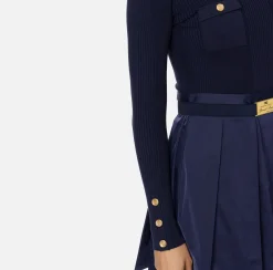 Elisabetta Franchi Mini Dresses|Knitted Dresses|Mini-dress in narrow-ribbed viscose and silk fabric with logo embroidery Navy