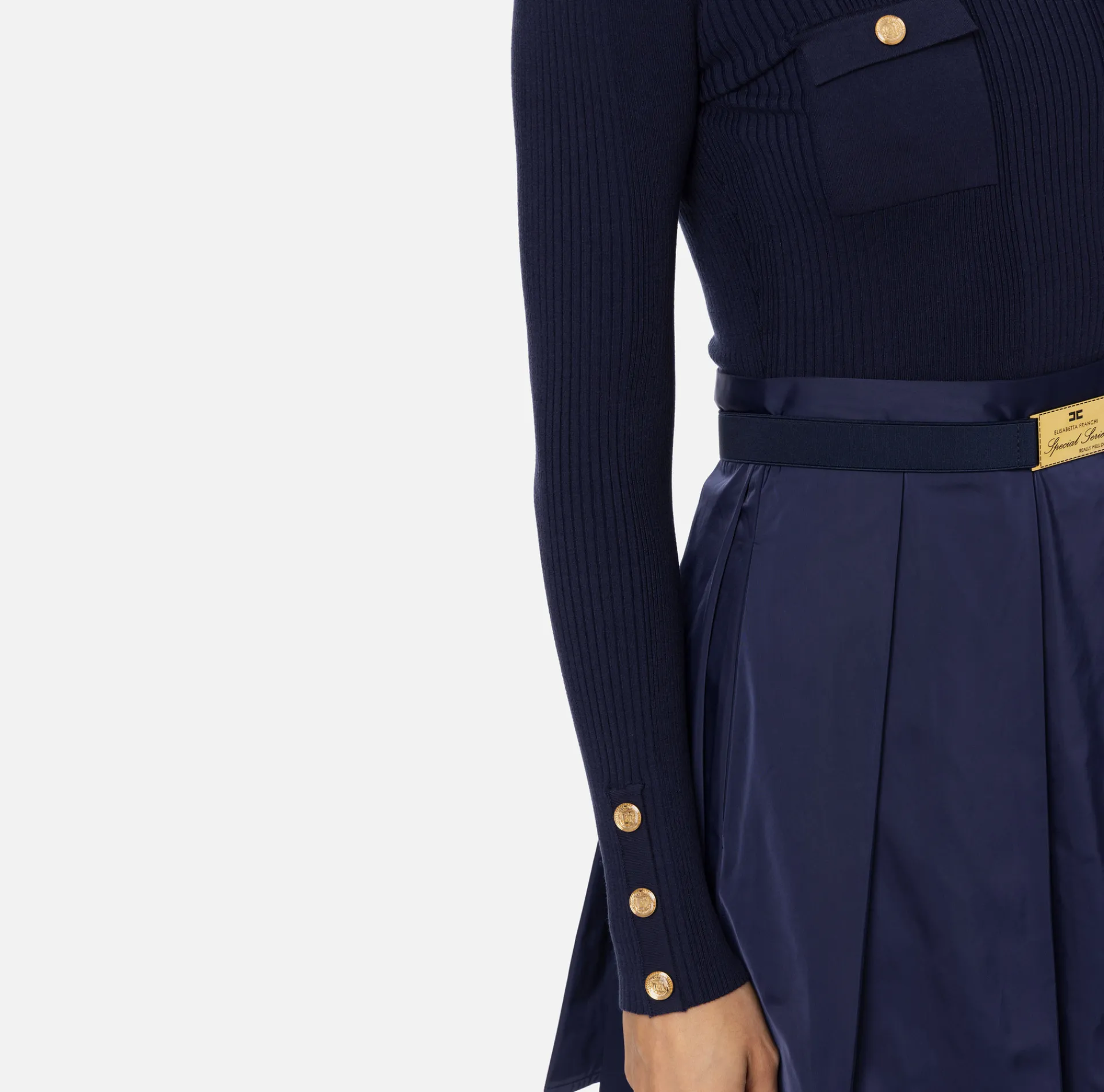 Elisabetta Franchi Mini Dresses|Knitted Dresses|Mini-dress in narrow-ribbed viscose and silk fabric with logo embroidery Navy