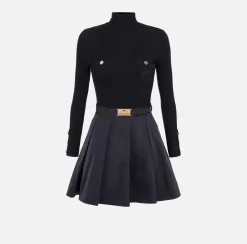 Elisabetta Franchi Dresses|Knitted Dresses|Mini-dress in narrow-ribbed viscose and silk fabric with logo embroidery