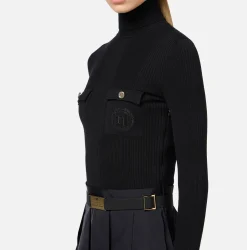 Elisabetta Franchi Dresses|Knitted Dresses|Mini-dress in narrow-ribbed viscose and silk fabric with logo embroidery
