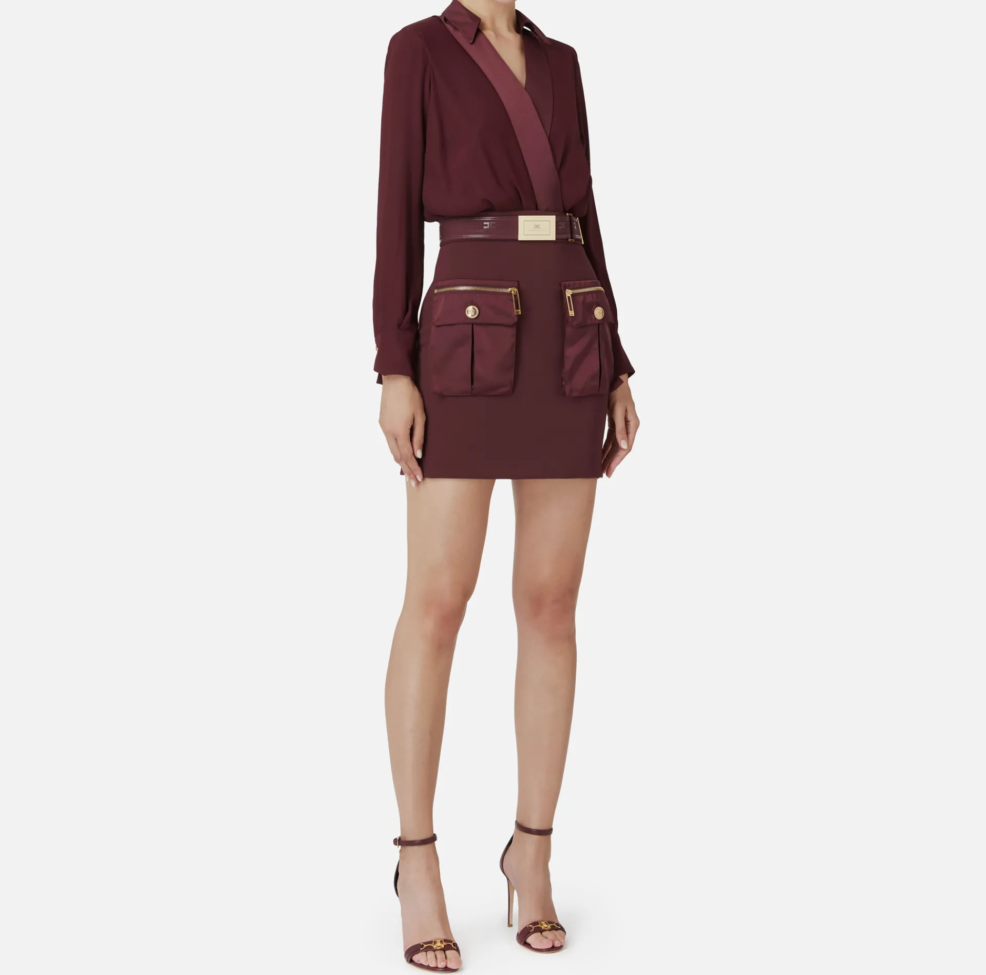 Elisabetta Franchi Mini Dresses|Dresses|Mini-dress with crossover shirt and skirt with pockets RougeNoir