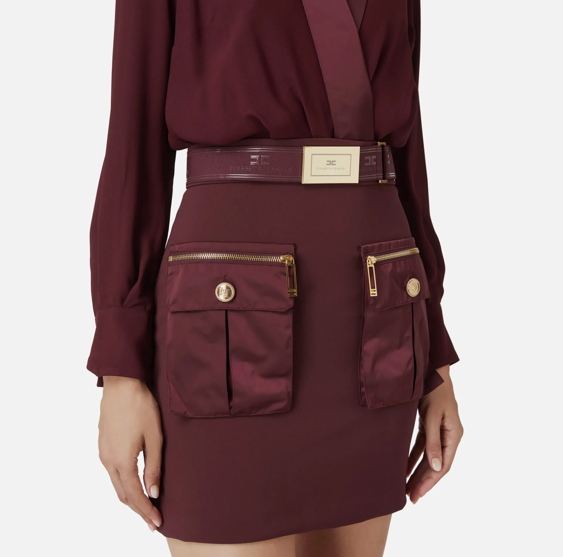 Elisabetta Franchi Mini Dresses|Dresses|Mini-dress with crossover shirt and skirt with pockets RougeNoir