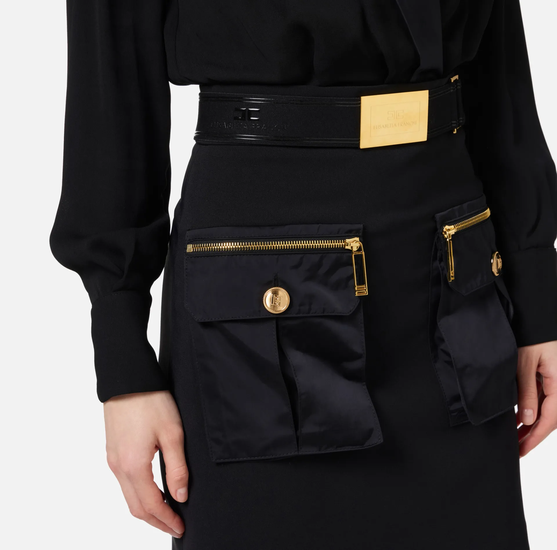 Elisabetta Franchi Mini Dresses|Dresses|Mini-dress with crossover shirt and skirt with pockets Black