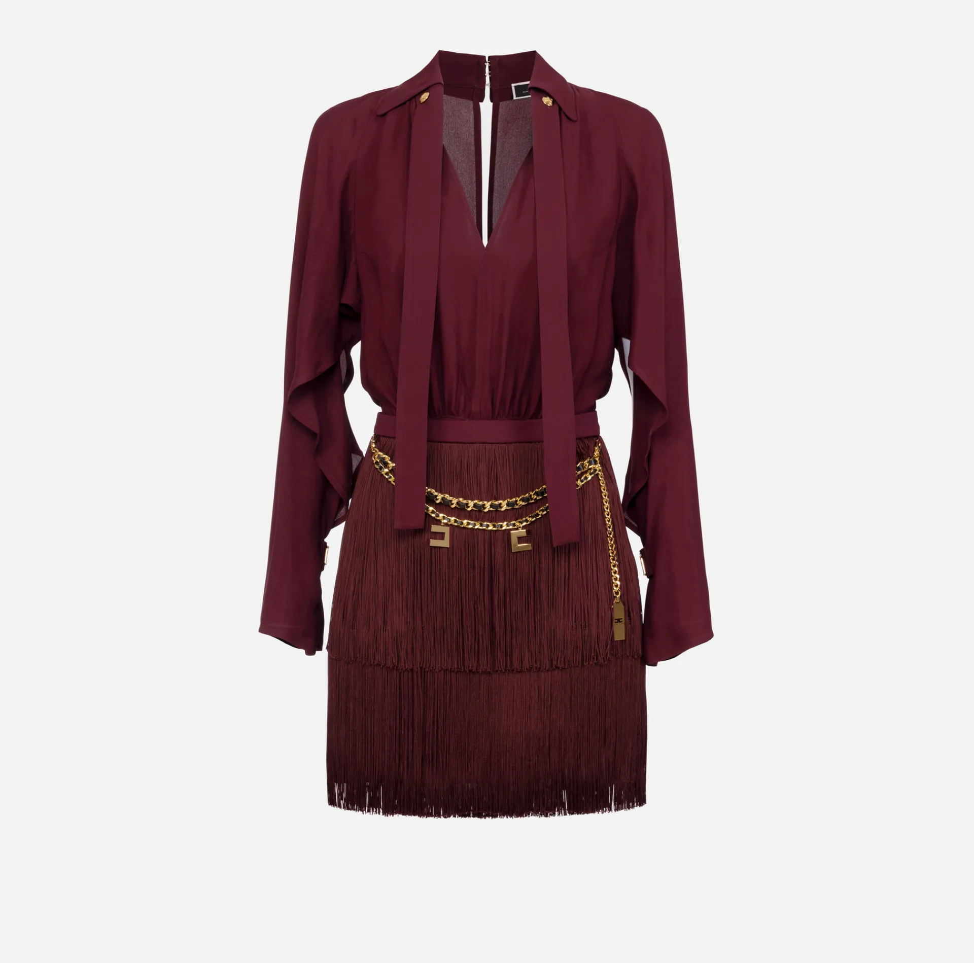 Elisabetta Franchi Mini Dresses|Dresses|Mini-dress with shirt with scarf and fringed skirt