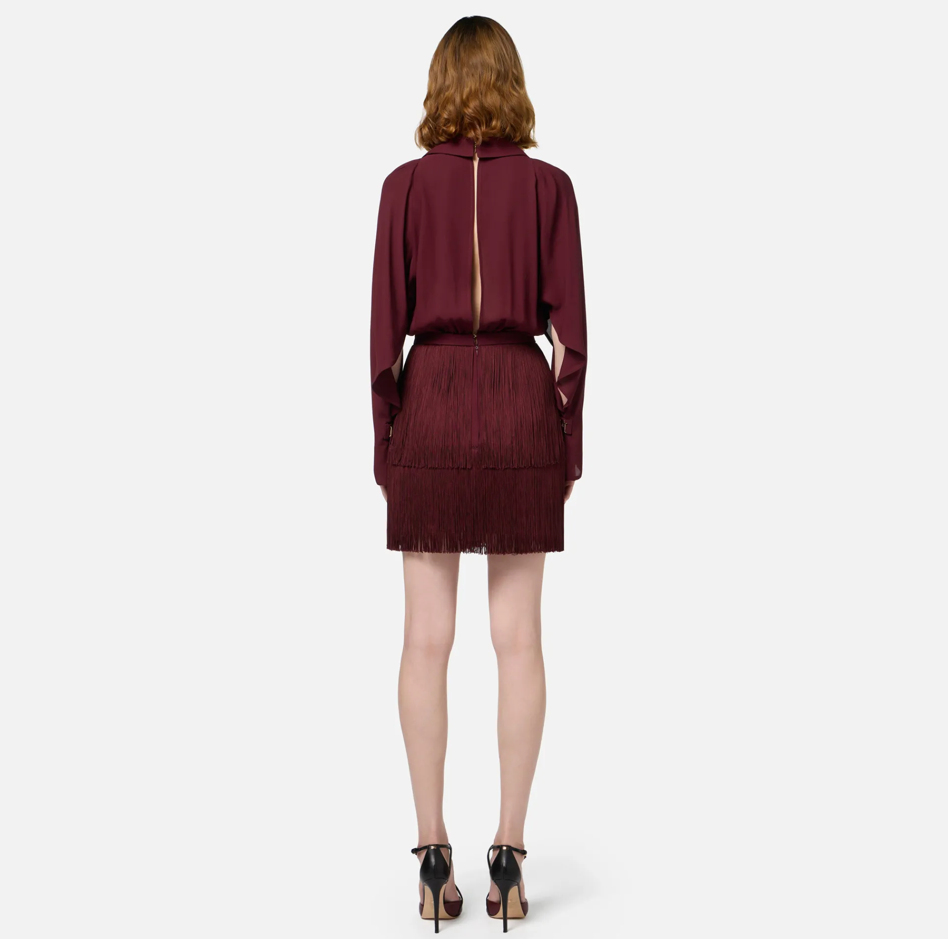 Elisabetta Franchi Mini Dresses|Dresses|Mini-dress with shirt with scarf and fringed skirt