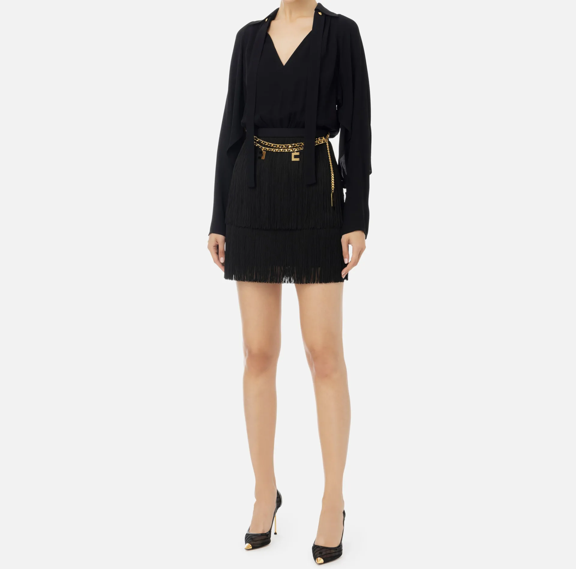 Elisabetta Franchi Mini Dresses|Dresses|Mini-dress with shirt with scarf and fringed skirt Black