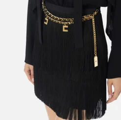 Elisabetta Franchi Mini Dresses|Dresses|Mini-dress with shirt with scarf and fringed skirt Black