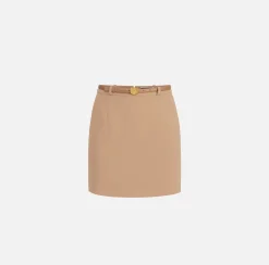 Elisabetta Franchi Skirts|Miniskirt in crêpe fabric with belt and embroidery Camel