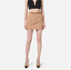 Elisabetta Franchi Skirts|Miniskirt in crêpe fabric with belt and embroidery Camel