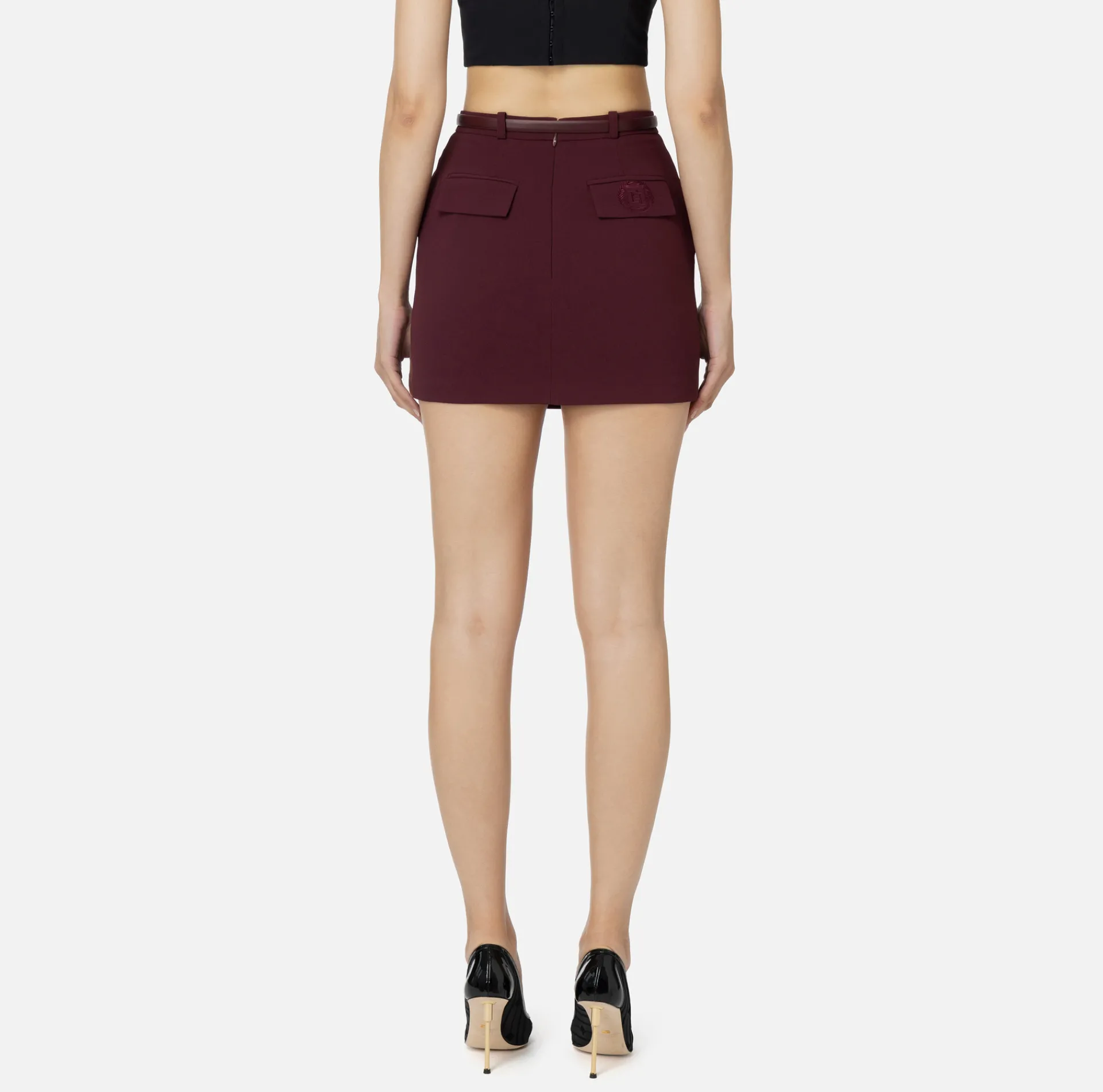 Elisabetta Franchi Skirts|Miniskirt in crêpe fabric with belt and embroidery RougeNoir