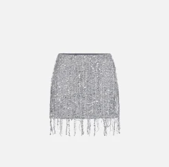 Elisabetta Franchi Skirts|Miniskirt tulle embroidered with sequin fringes Silver