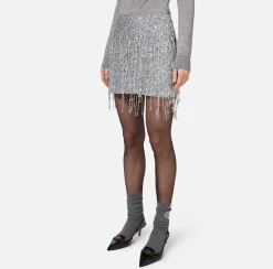 Elisabetta Franchi Skirts|Miniskirt tulle embroidered with sequin fringes Silver