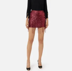 Elisabetta Franchi Skirts|Miniskirt tulle embroidered with sequin fringes RougeNoir