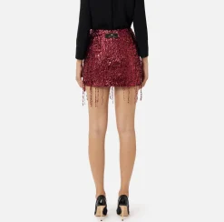 Elisabetta Franchi Skirts|Miniskirt tulle embroidered with sequin fringes RougeNoir