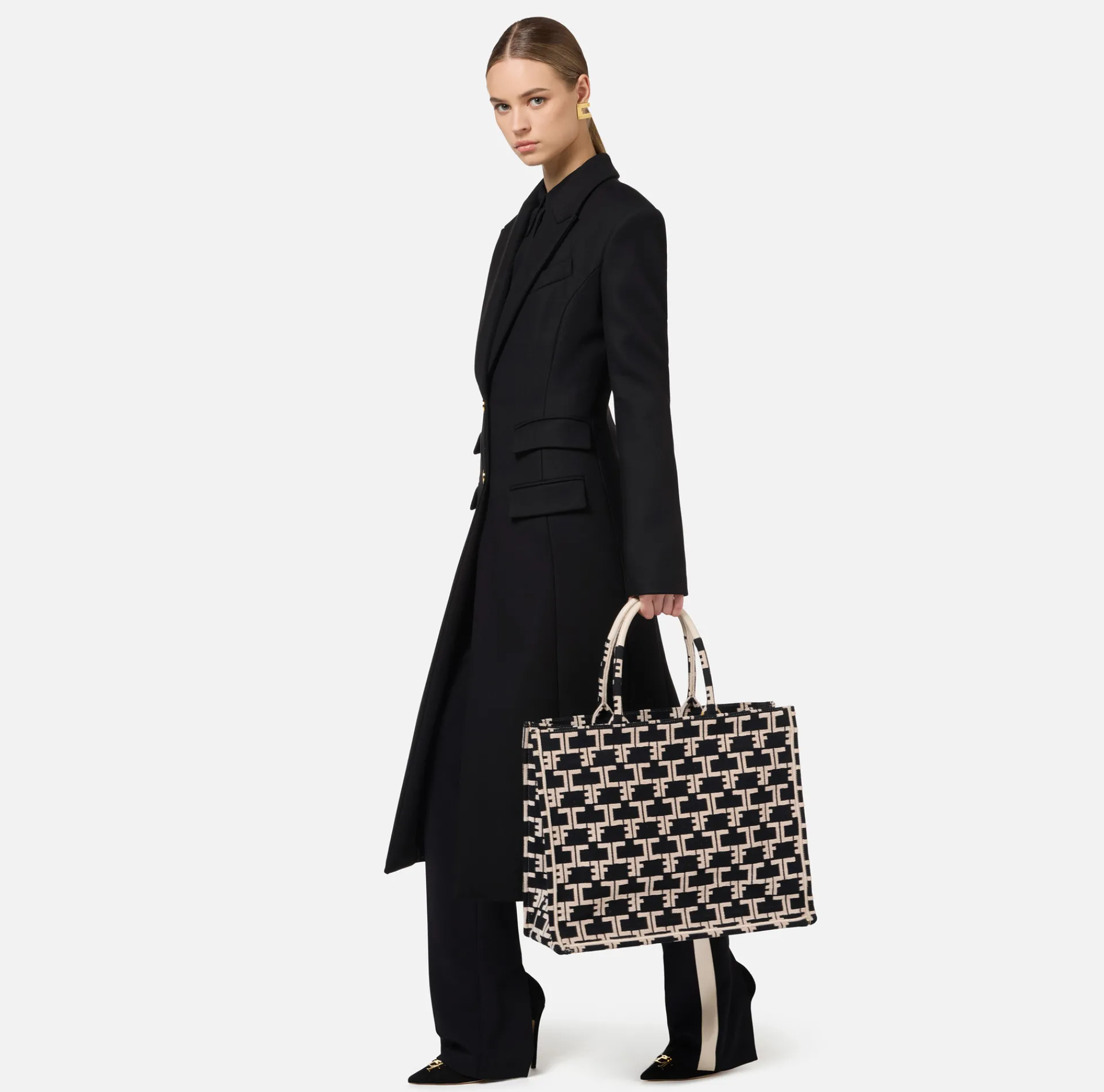 Elisabetta Franchi Handbags|Monogram Tote Large Black/Butter