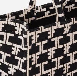 Elisabetta Franchi Handbags|Monogram Tote Large Black/Butter