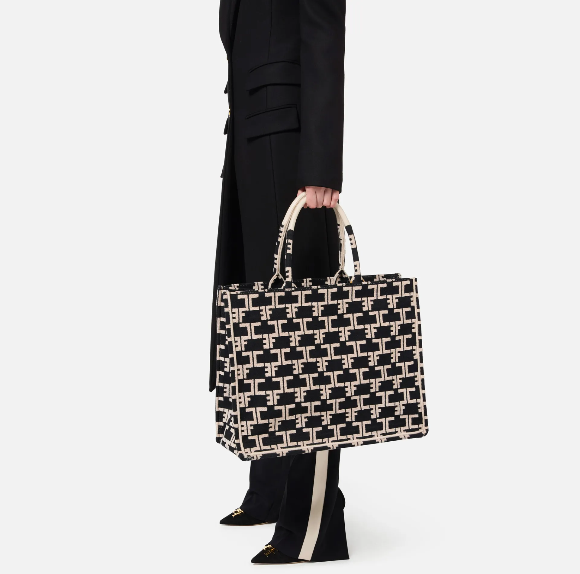 Elisabetta Franchi Handbags|Monogram Tote Large Black/Butter