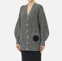 Elisabetta Franchi Knitwear And Sweatshirts|Mouliné viscose cardigan with logo patch Black/Butter