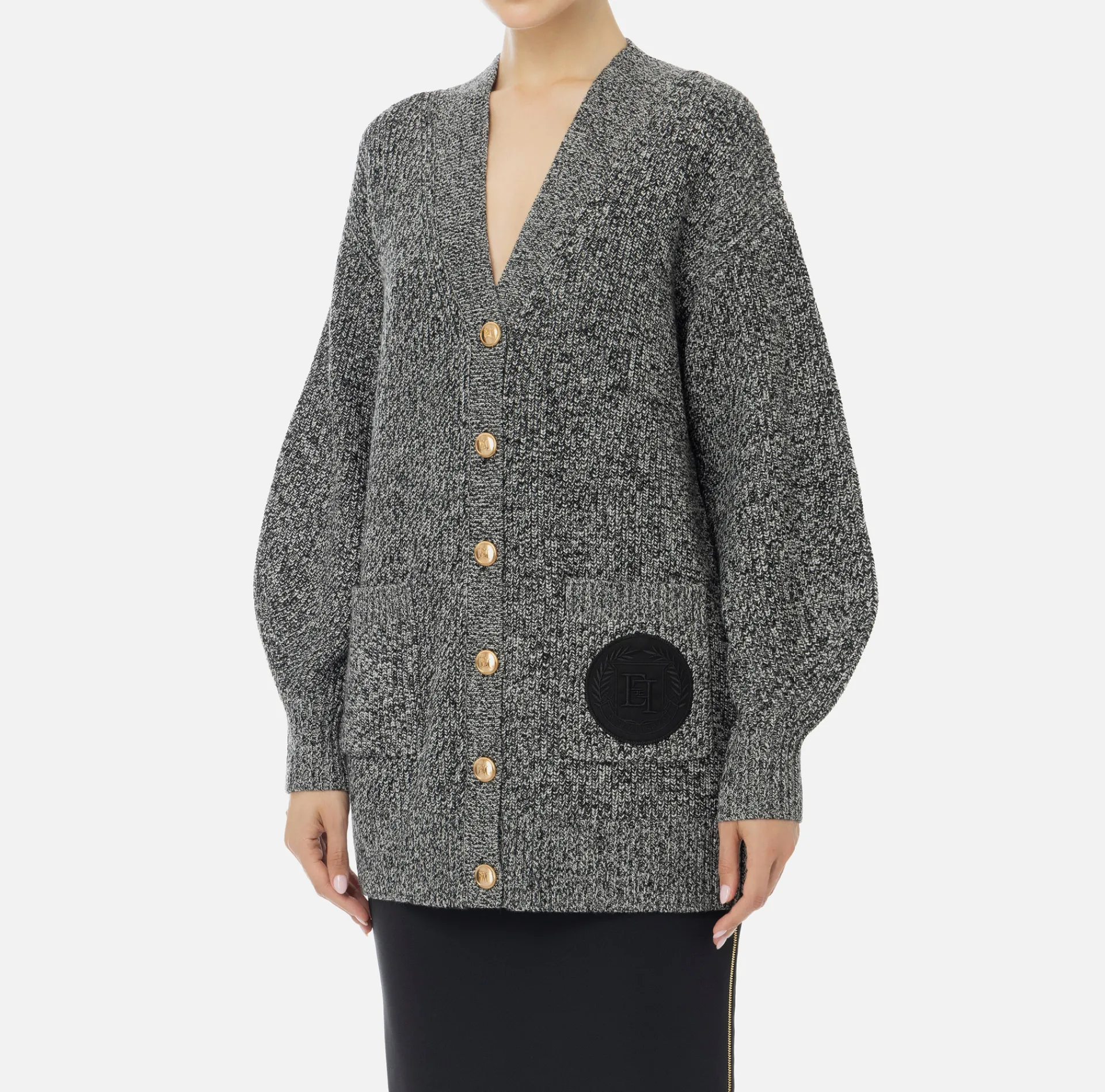 Elisabetta Franchi Knitwear And Sweatshirts|Mouliné viscose cardigan with logo patch Black/Butter