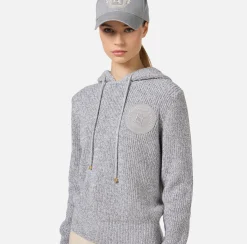 Elisabetta Franchi Knitwear And Sweatshirts|Mouliné viscose pullover with hood and logo patch