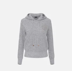 Elisabetta Franchi Knitwear And Sweatshirts|Mouliné viscose pullover with hood and logo patch Pearl/Ivory