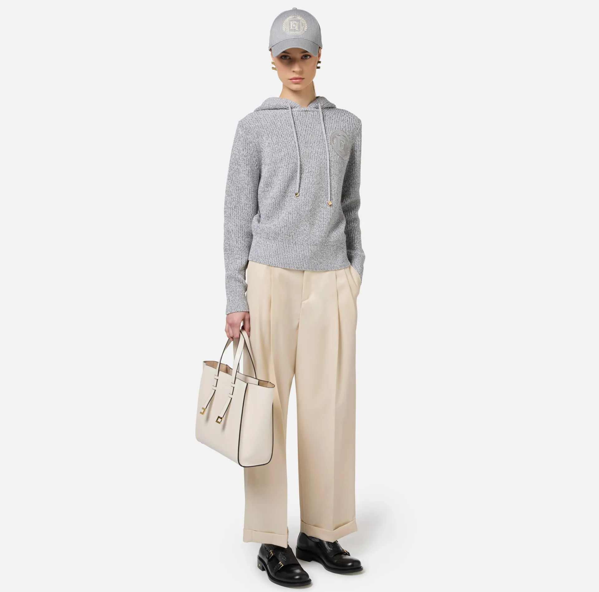 Elisabetta Franchi Knitwear And Sweatshirts|Mouliné viscose pullover with hood and logo patch Pearl/Ivory
