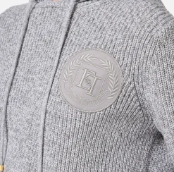 Elisabetta Franchi Knitwear And Sweatshirts|Mouliné viscose pullover with hood and logo patch Pearl/Ivory
