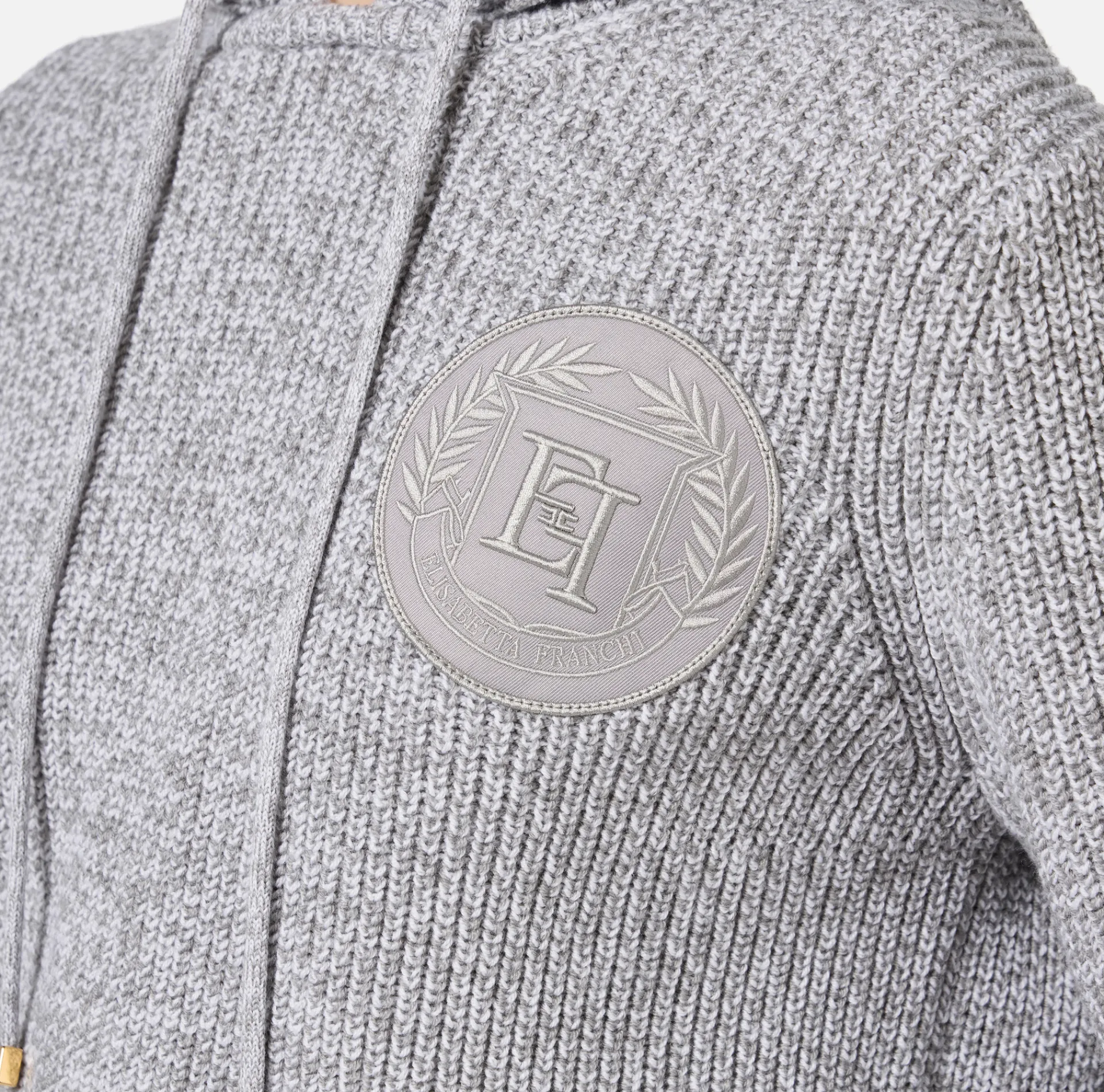 Elisabetta Franchi Knitwear And Sweatshirts|Mouliné viscose pullover with hood and logo patch Pearl/Ivory