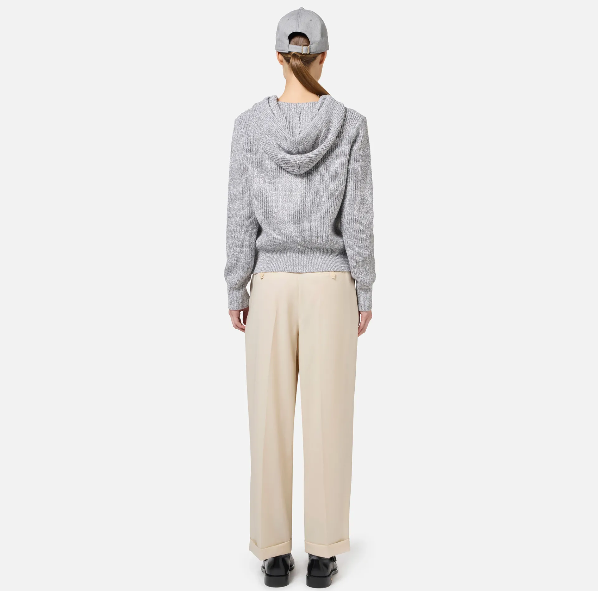 Elisabetta Franchi Knitwear And Sweatshirts|Mouliné viscose pullover with hood and logo patch Pearl/Ivory