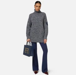 Elisabetta Franchi Knitwear And Sweatshirts|Mouliné viscose turtleneck with logo patch Navy/Latex