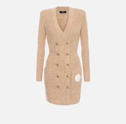 Elisabetta Franchi Mini Dresses|Knitted Dresses|Mouliné wool double-breasted coat dress with logo patch