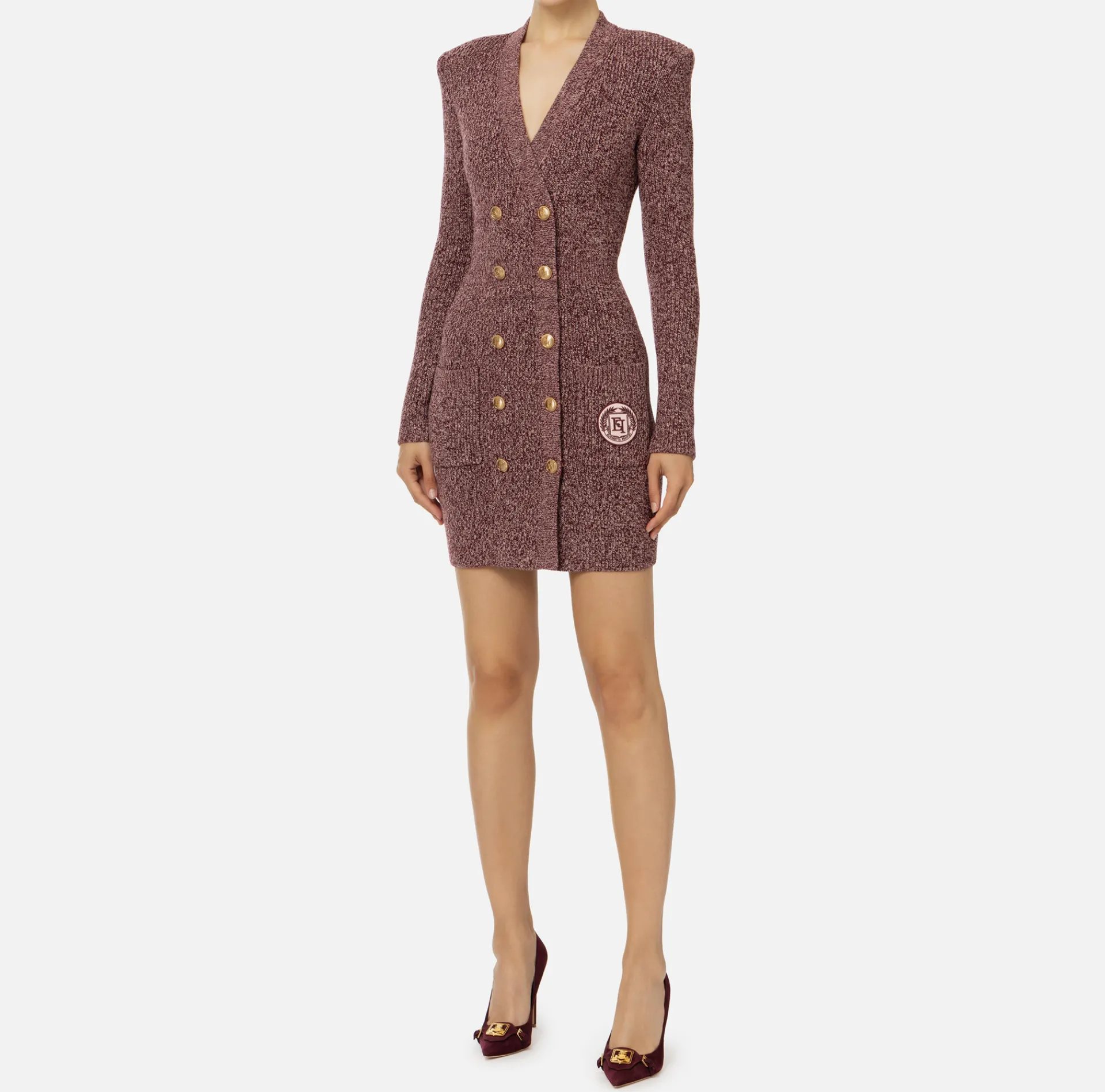 Elisabetta Franchi Mini Dresses|Knitted Dresses|Mouliné wool double-breasted coat dress with logo patch RougeNoir/PowderPink
