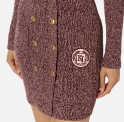 Elisabetta Franchi Mini Dresses|Knitted Dresses|Mouliné wool double-breasted coat dress with logo patch RougeNoir/PowderPink