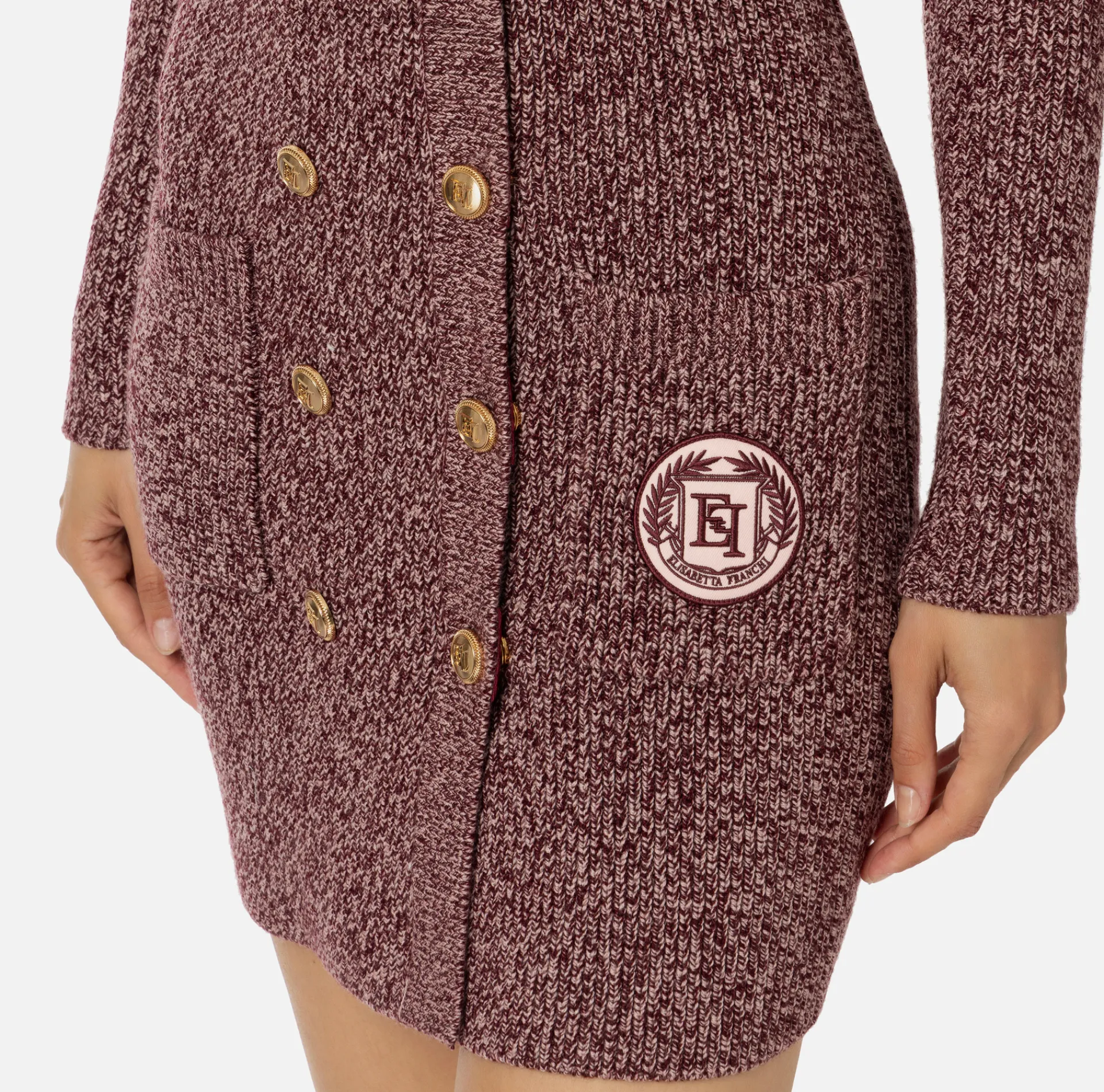 Elisabetta Franchi Mini Dresses|Knitted Dresses|Mouliné wool double-breasted coat dress with logo patch RougeNoir/PowderPink
