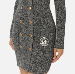 Elisabetta Franchi Mini Dresses|Knitted Dresses|Mouliné wool double-breasted coat dress with logo patch Black/Butter