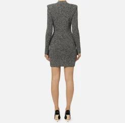 Elisabetta Franchi Mini Dresses|Knitted Dresses|Mouliné wool double-breasted coat dress with logo patch Black/Butter