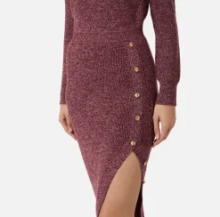 Elisabetta Franchi Midi Dresses|Knitted Dresses|Mouliné wool midi dress with logo patch RougeNoir/PowderPink
