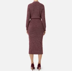 Elisabetta Franchi Midi Dresses|Knitted Dresses|Mouliné wool midi dress with logo patch RougeNoir/PowderPink