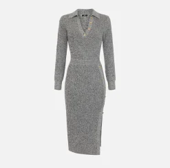 Elisabetta Franchi Midi Dresses|Knitted Dresses|Mouliné wool midi dress with logo patch Black/Butter