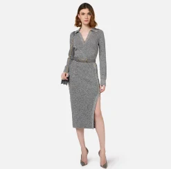 Elisabetta Franchi Midi Dresses|Knitted Dresses|Mouliné wool midi dress with logo patch Black/Butter