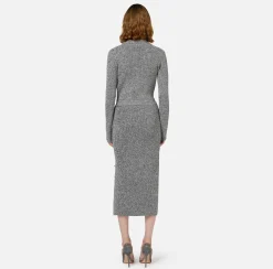 Elisabetta Franchi Midi Dresses|Knitted Dresses|Mouliné wool midi dress with logo patch Black/Butter