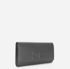 Elisabetta Franchi Clutch|Nappa leather baguette clutch bag with embossed logo Steel