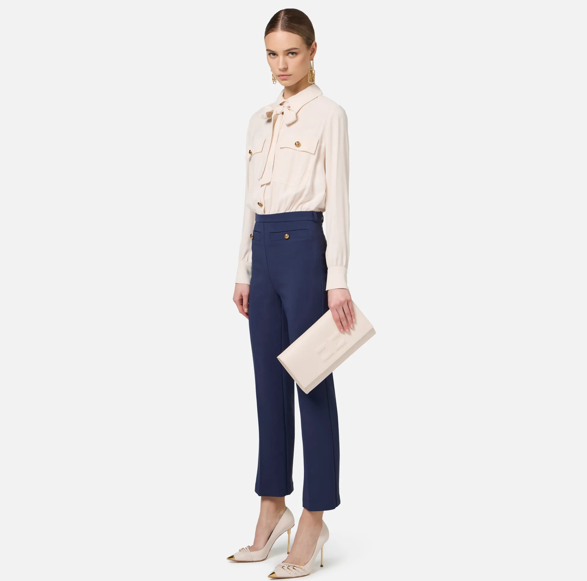 Elisabetta Franchi Clutch|Nappa leather baguette clutch bag with embossed logo Butter