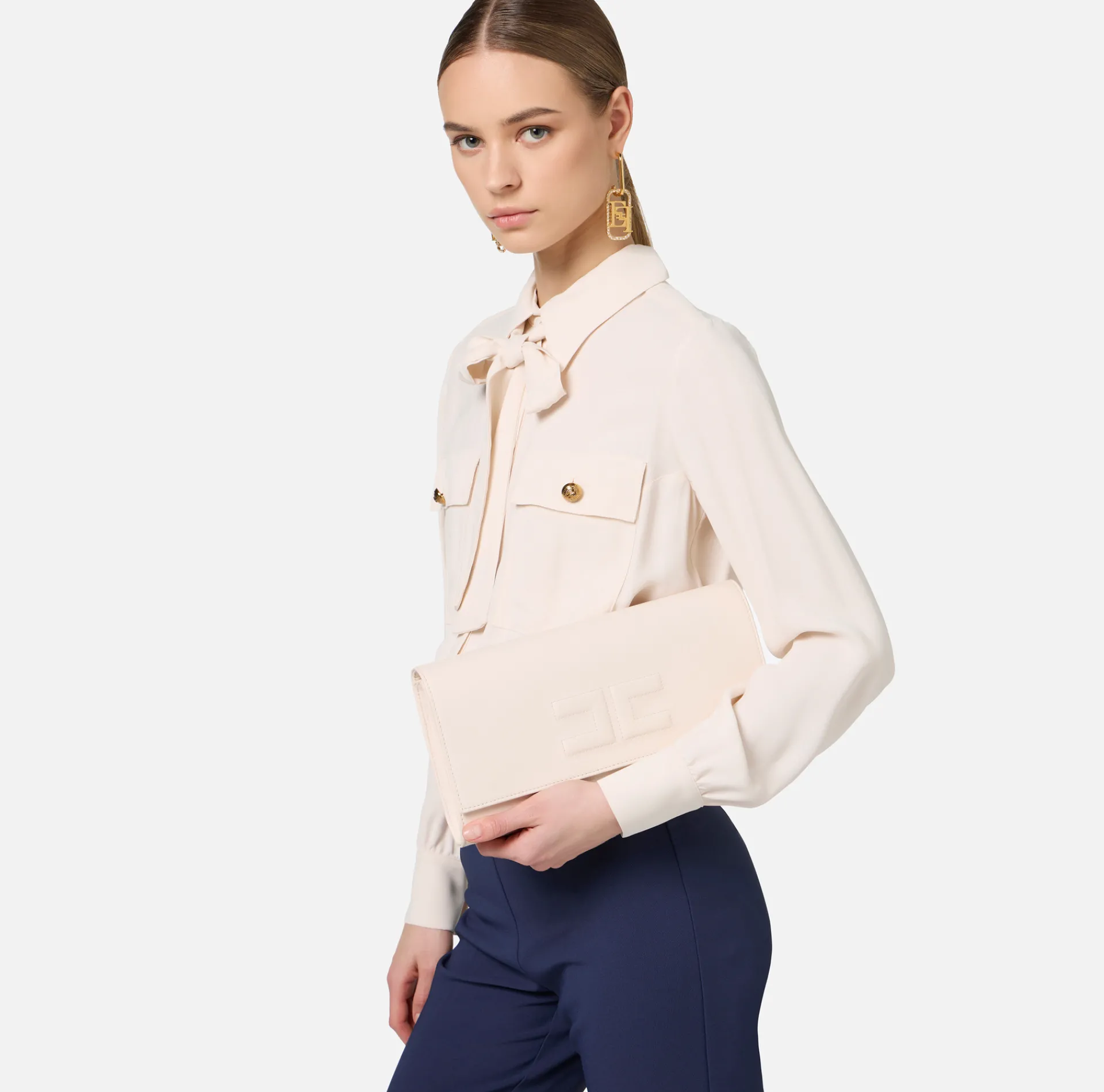 Elisabetta Franchi Clutch|Nappa leather baguette clutch bag with embossed logo Butter