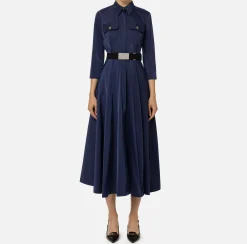 Elisabetta Franchi Midi Dresses|Dresses|Nylon midi shirt-dress with belt Navy
