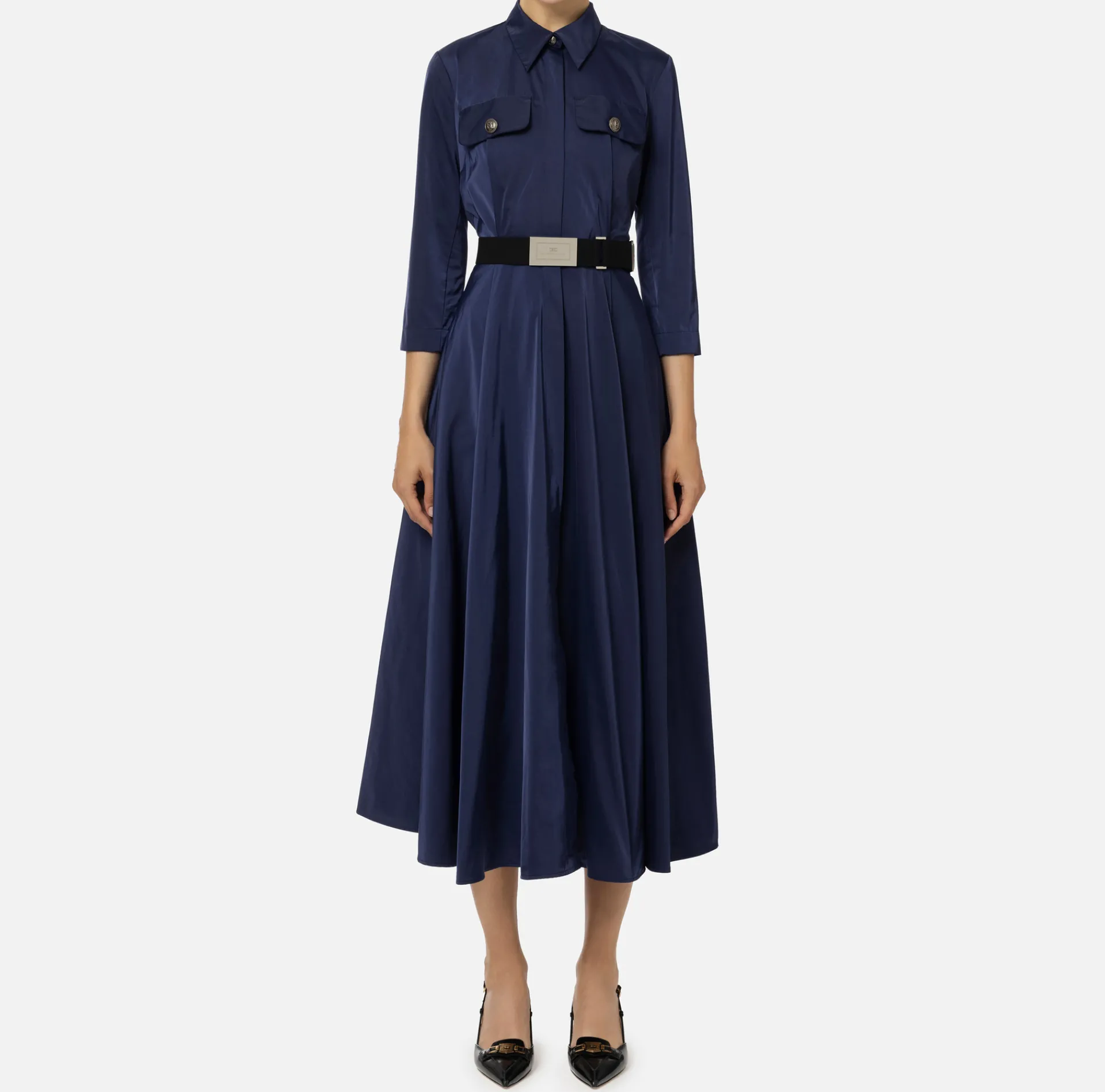 Elisabetta Franchi Midi Dresses|Dresses|Nylon midi shirt-dress with belt Navy