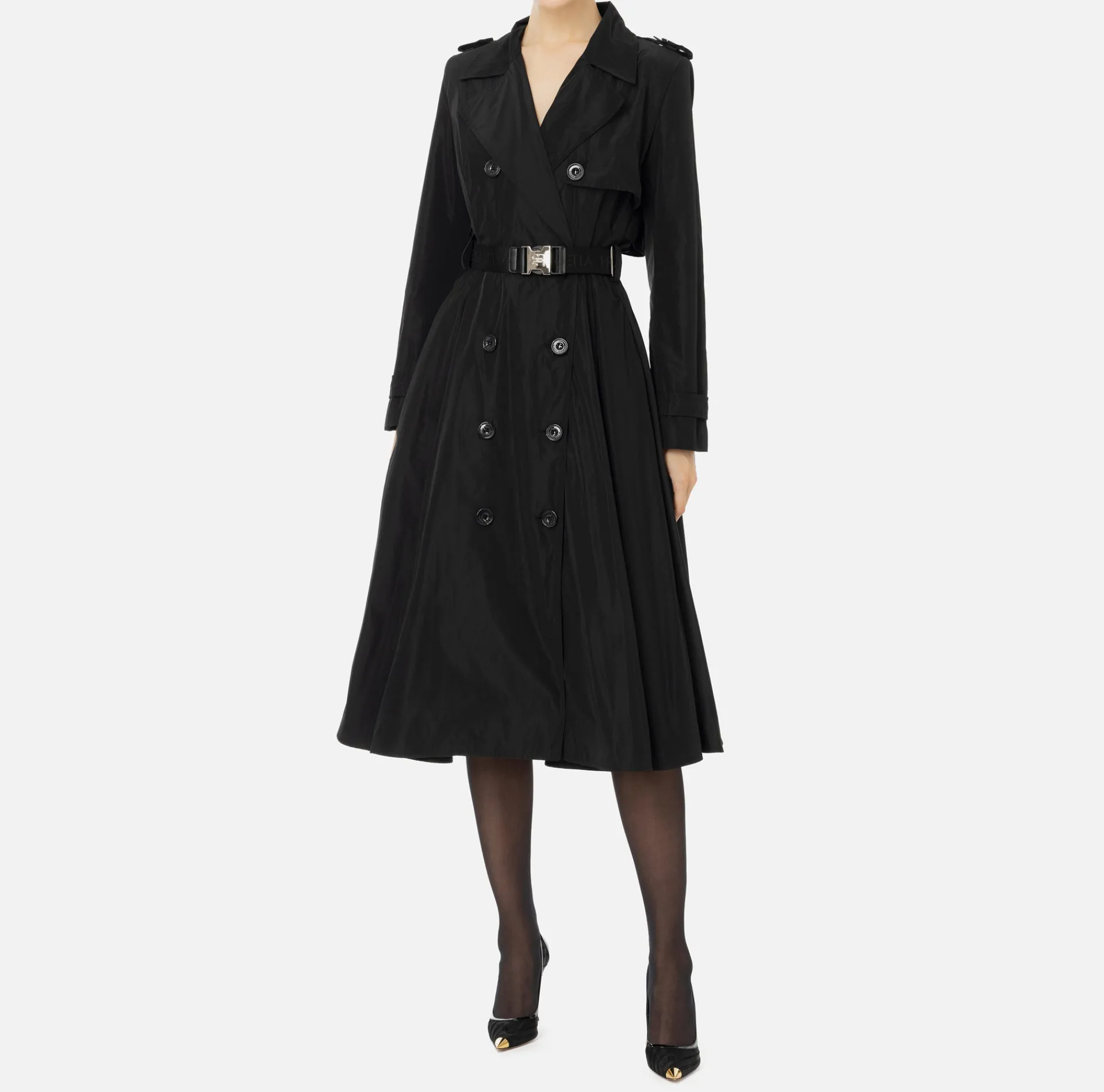 Elisabetta Franchi Jackets And Trench Coats|Nylon trench coat with circle skirt and belt Black